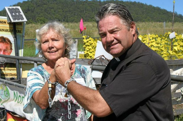 LOCK DOWN: Bentley farmer Meg Nielsen and Kyogle Reverend Jim Nightingale, could have been forcibly removed and arrested and their "lock ons" seized at the Bentley blockade under a new bill proposed by NSW government.