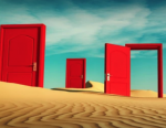 image of red doorways in a desert